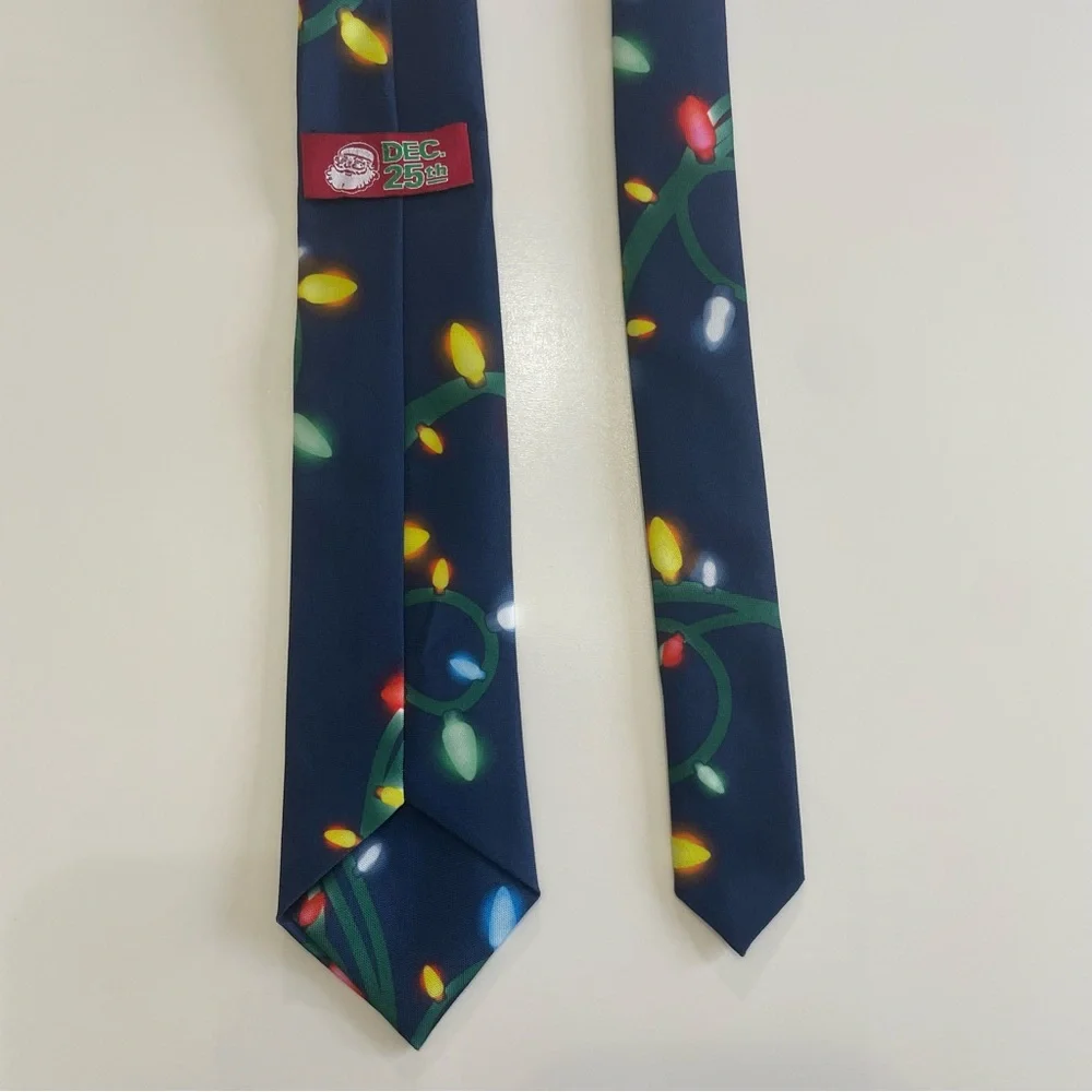 Festive Thin Navy Tie with Holiday Lights Christmas Novelty Party White Elephant